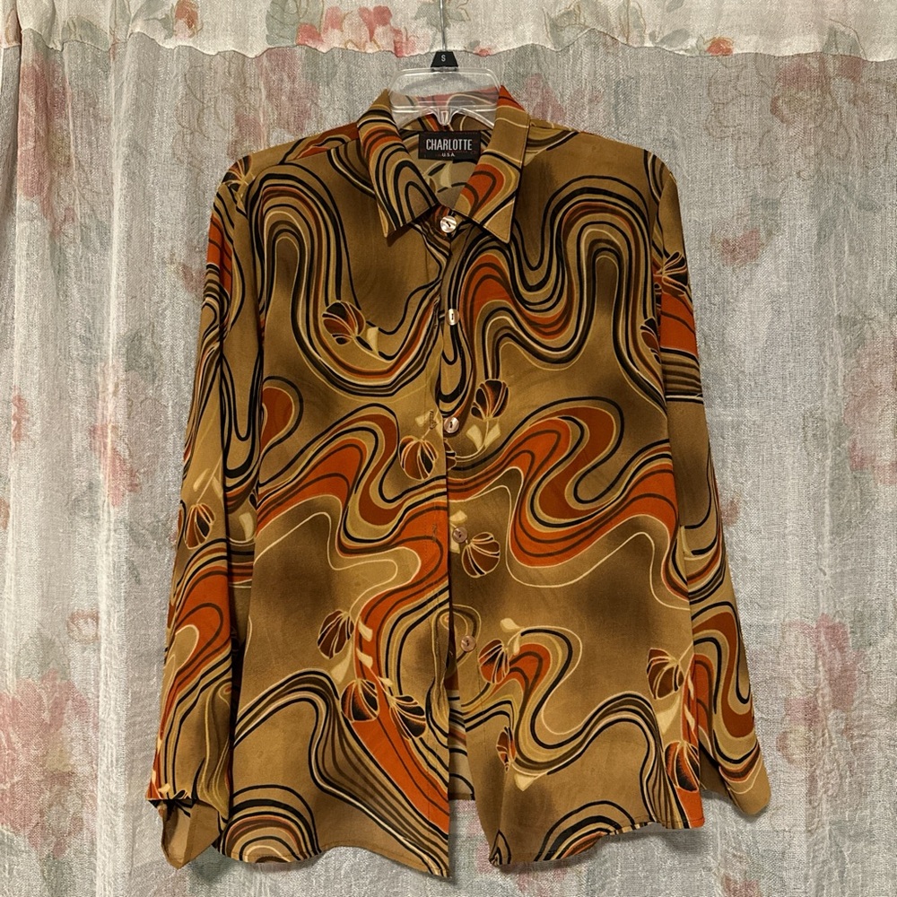 70s orange and brown psychedelic patterned blouse with button up